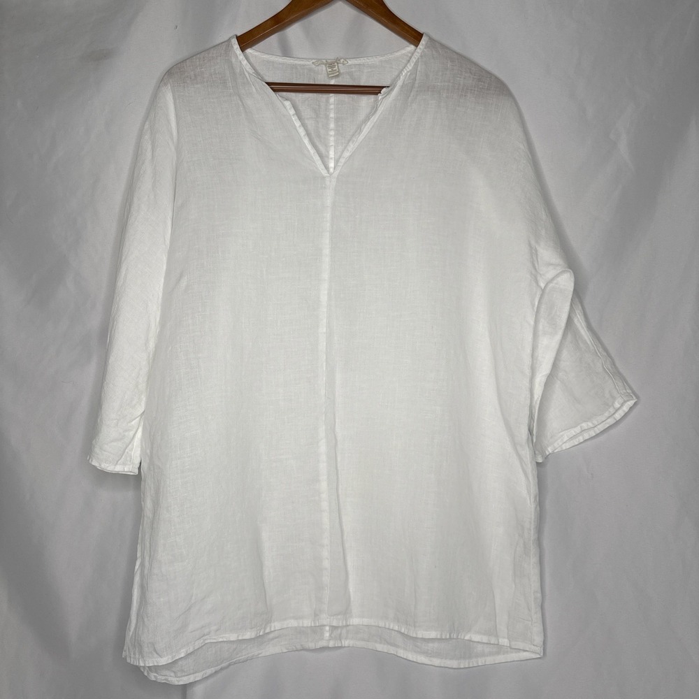 Eileen Fisher Womens XS White Organic Handkerchief Linen Split Neck‎ Tunic